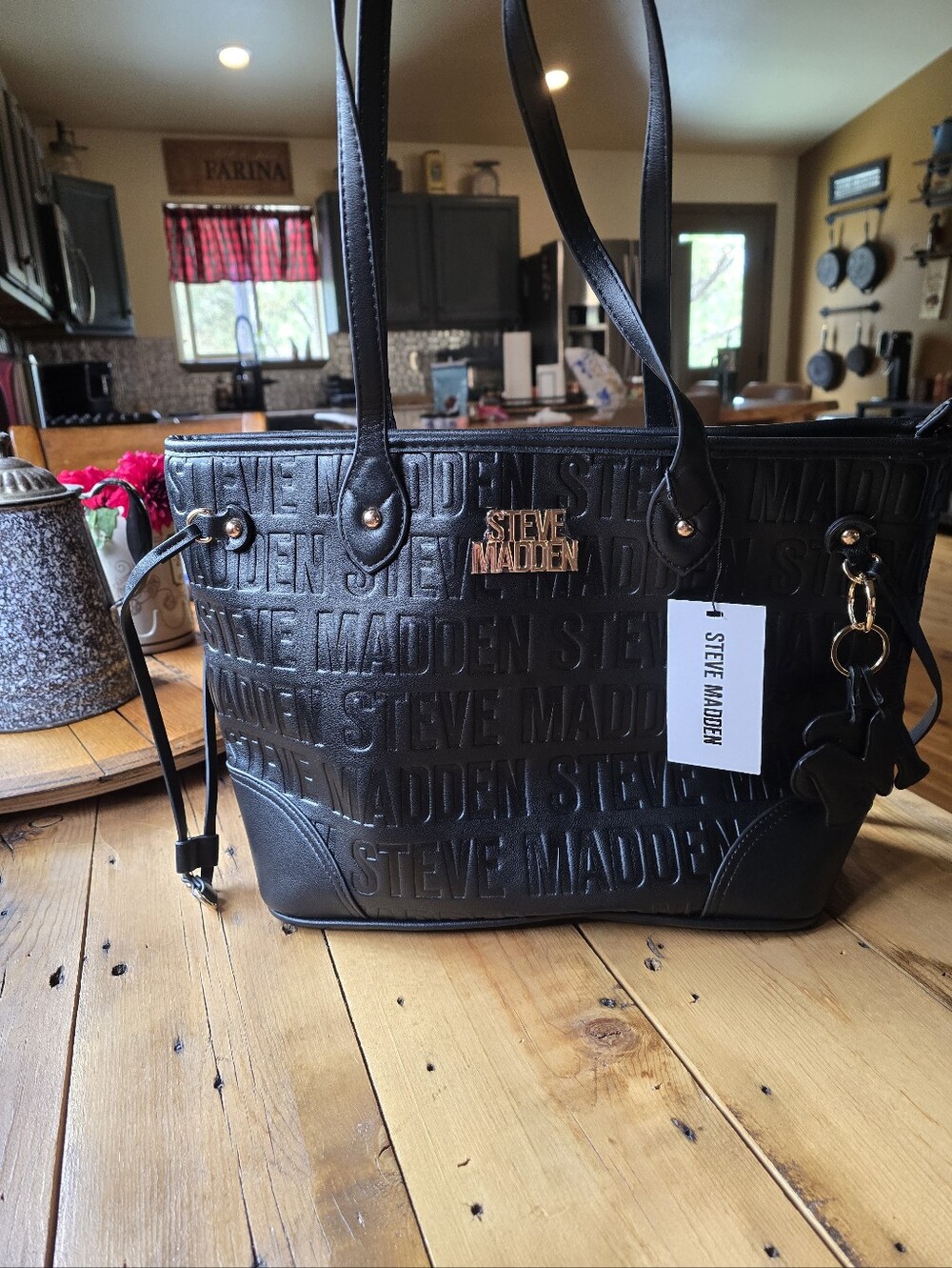 NWT Steve Madden BROWEIGH Black Logo Embossed Tote Bag Purse